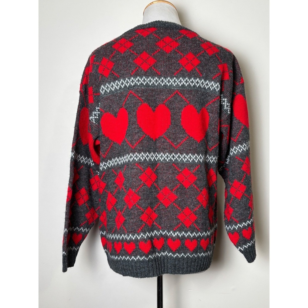 Adele Womens‎ Vintage 80s Argyle Heart Sweater Red Gray M Retro Crew Neck - Picture 2 of 7